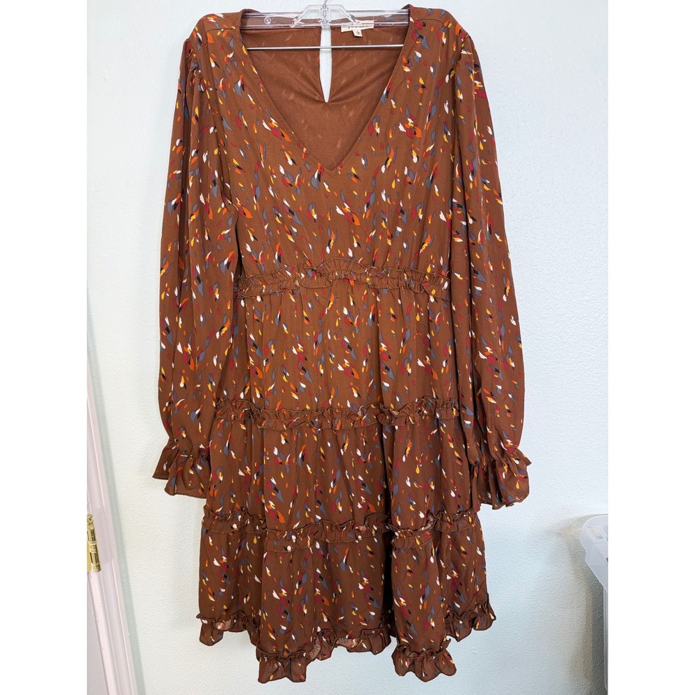 JODIFL Brown Tiered Mini Dress with Multicolor Confetti Print
